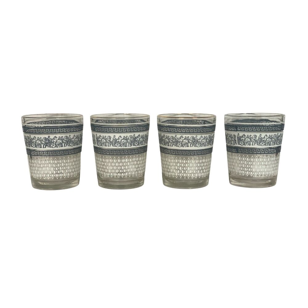 Vtg Jeannette Hellenic Chariot 5 oz Lowball Tumblers Greek Key Gold Rim Set of 4